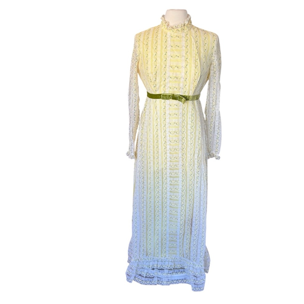 Vintage 70’s Yellow Floral Lace Maxi Prom Dress Sz 15 High Neck Prairie